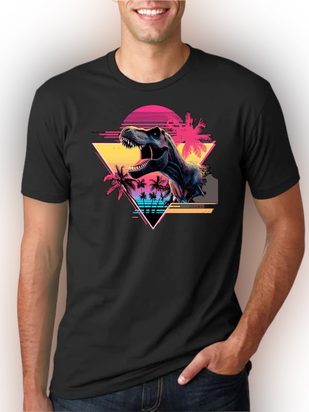 Jurassic T-Rex Neon Sunset Shirt – 80s Retro Dino Graphic Tee